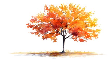 Fototapeta premium Maple tree on a white background. A vibrant watercolor illustration of a solitary tree with bright orange autumn lea