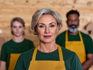confident team of diverse workers in green and yellow uniforms standing together in a workshop or bakery environment