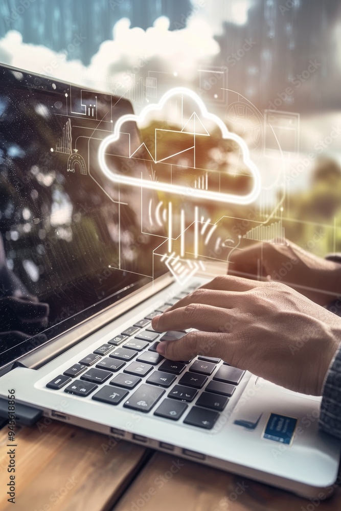 Poster digital cloud computing icon and technology diagram on laptop screen, hands typing on keyboard.