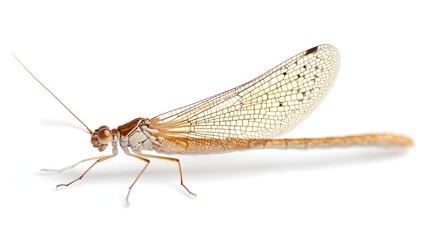 Mayfly insect on a pure white background -. A close-up image of a mayfly displaying intricate wing patterns 