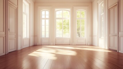 Obraz premium Spacious Empty Room With Wooden Flooring And Large Windows Allowing Natural Light to Flood In