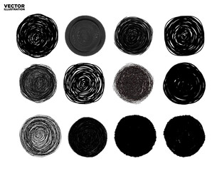 Black grunge circle shapes isolated on a white background. Hand drawn circular brush strokes. Set of chalk circle shapes. Graffiti stamps. Round calligraphy brush strokes. Vector Illustration.