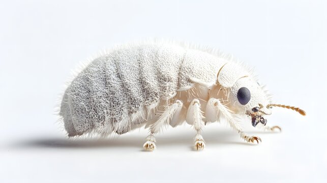 mealybug insect on a pure white background. Mealybug insect on a pure white background -. A close-up of a fuzzy, white insect with delicate features, 