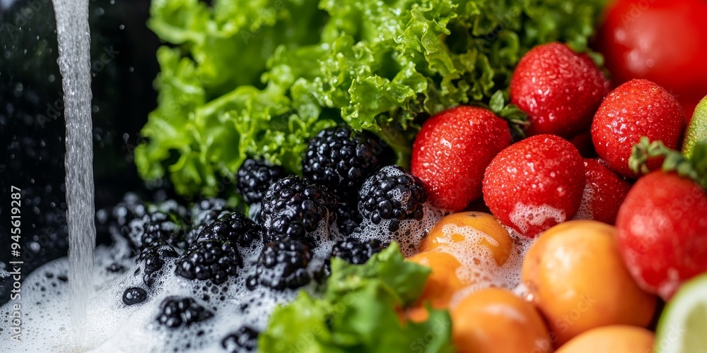 Wall mural washing fresh fruits and vegetables in a sink with water and soap for healthy eating and kitchen hygiene concept.