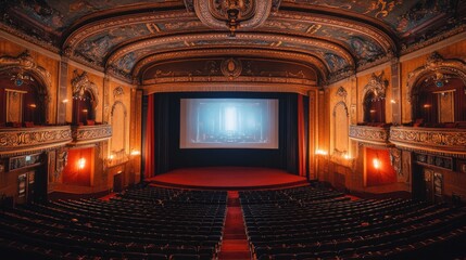 Obraz premium Wide-angle shot of a large movie theater auditorium, with the screen displaying the opening credits