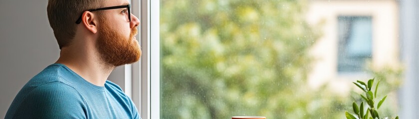 Obraz premium thoughtful young man with red beard looking out window, contemplative and pensive, daydreaming about the future, daytime, natural light, green blurred background, peaceful moment, indoor portrait.