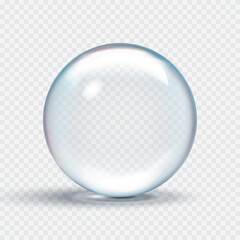 Clear soap bubble with rainbow reflections and realistic shine, 3d vector water drop on a transparent background. Perfect for advertising skincare product, web design, and creative projects.