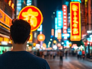 man walking through vibrant illuminated street in a bustling city at night with traditional chinese...