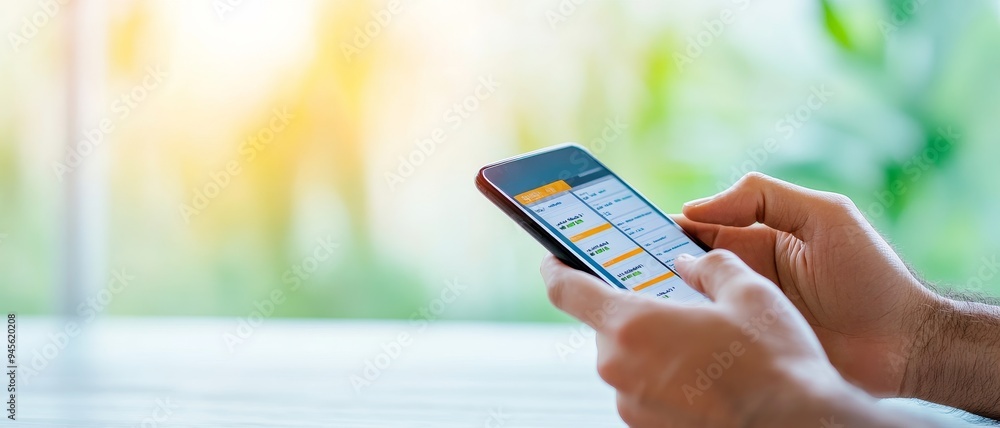 Poster person using a smartphone to check a schedule or calendar app with a blurred background of a window 