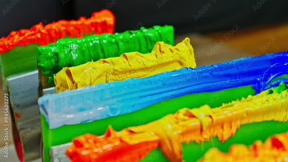 Poster fabric printing ink on squeegee is mixed to blend together like gradient color. a mesmerizing array 