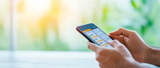 person using a smartphone to check a schedule or calendar app with a blurred background of a window and greenery.