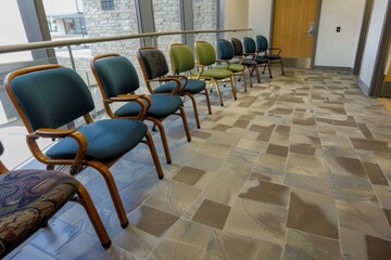 Large group of chairs in semi-circle in a hallway. Large group of office chairs in semi-circle in a hallway of an office building. Copy space.