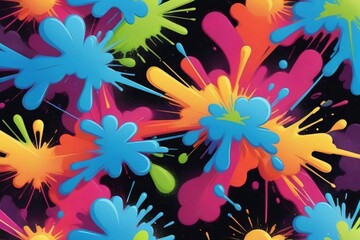 Vibrant abstract pattern with colorful paint splatters on black background.