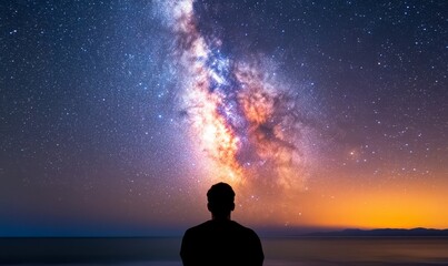 silhouette of a man contemplating the milky way galaxy over a tranquil ocean at night.