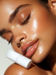 Close-up of a radiant face with glowy skin, showcasing beauty and skincare in a natural light setting.