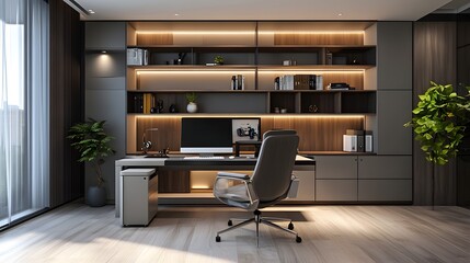 Modern home office with advanced tech features, including a built-in virtual assistant, wireless charg
