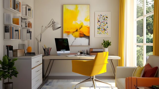 Modern home office with neutral walls and furniture, bright yellow desk accessories, and colorful art