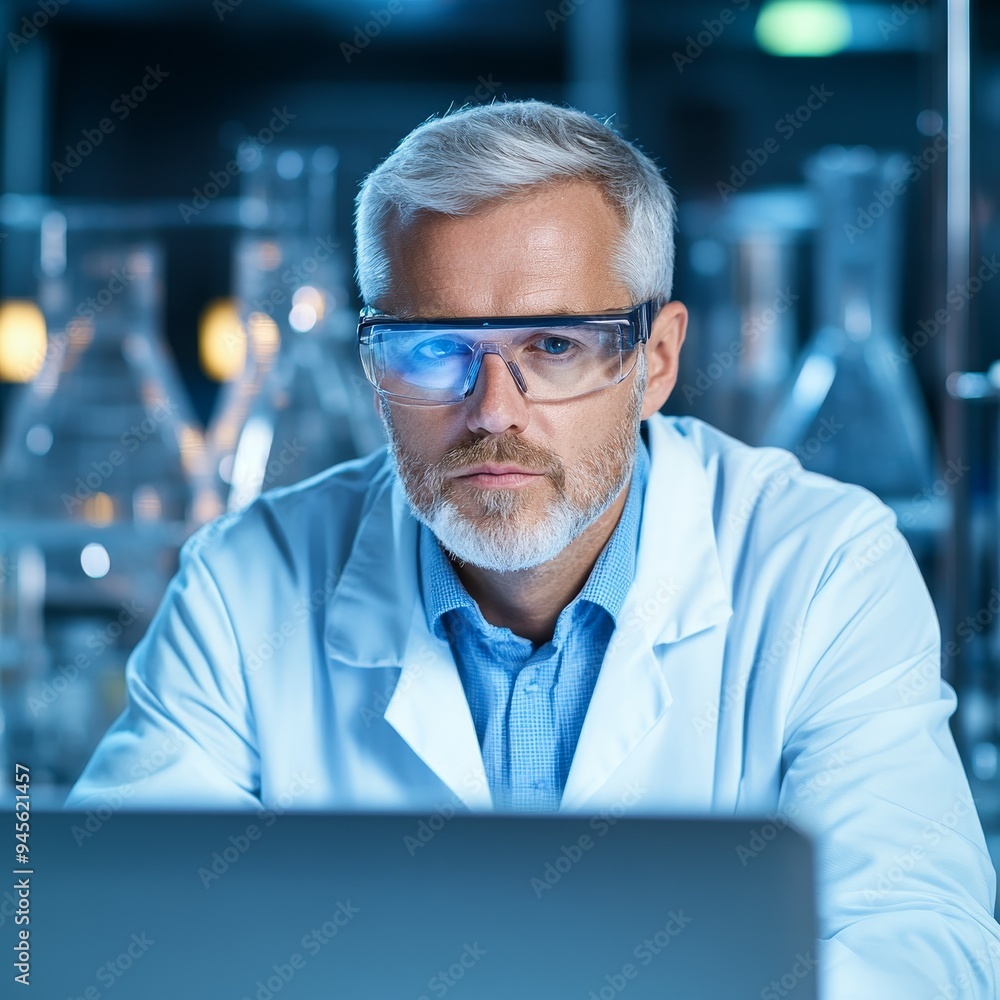 Poster focused scientist in lab coat working on laptop computer with protective eyeglasses.