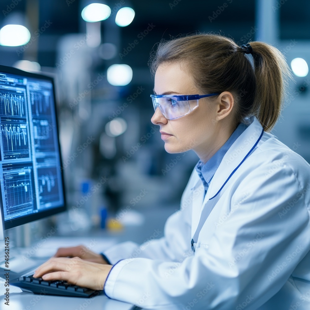 Aufkleber female scientist working on computer in laboratory with protective glasses and lab coat - high-tech 