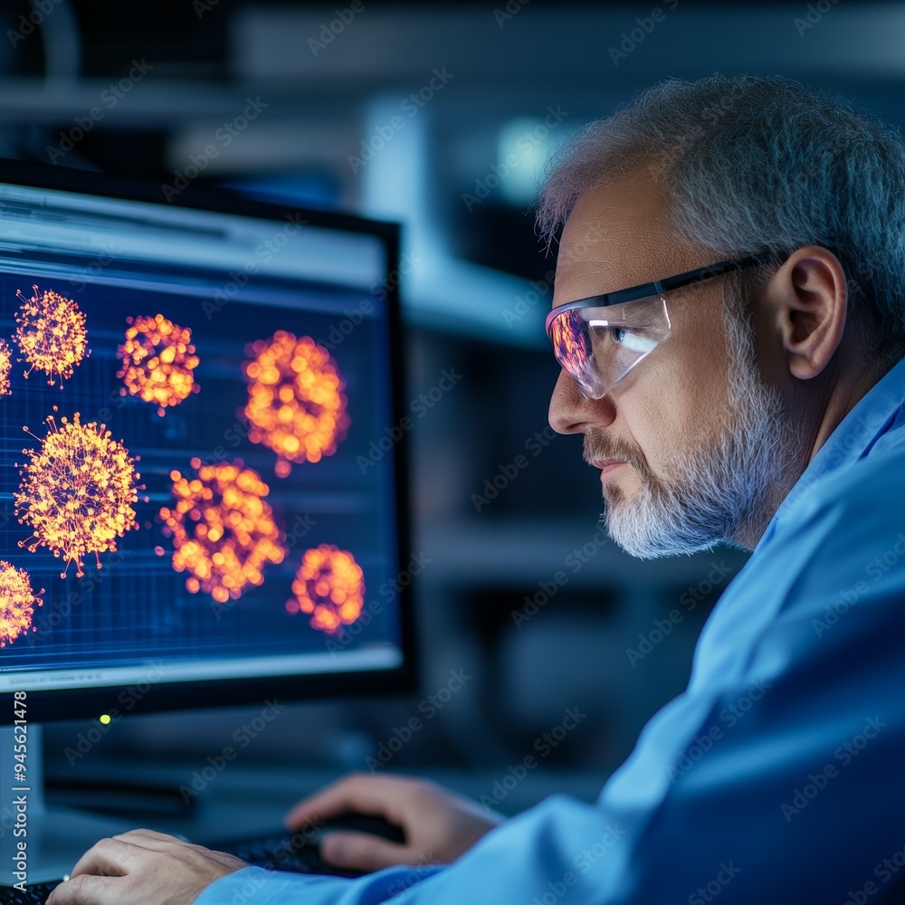 Poster serious male scientist in lab coat working on computer with virus model on screen
