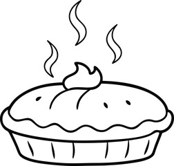 Freshly baked pie with steam rising off it in a fun coloring book for kids
