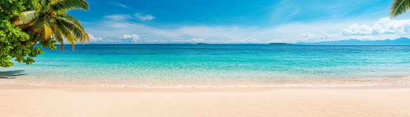 tropical paradise beach landscape with lush palm trees and turquoise water - perfect for travel and vacation themed designs. © AucArtStudio