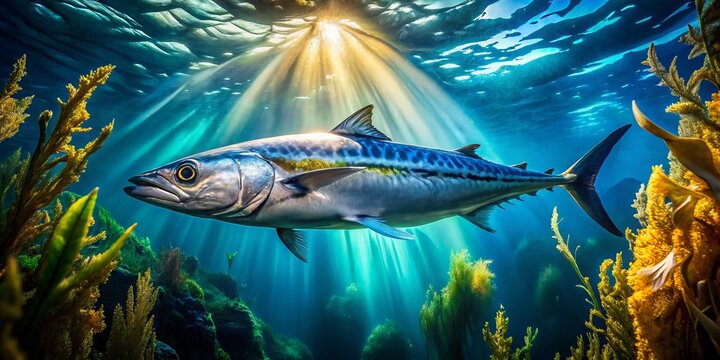 Iridescent king mackerel glides amidst undulating kelp, scales shimmering in sunlight, as sea fans sway in gentle currents, against an indigo backdrop, evoking serenity and wonder.