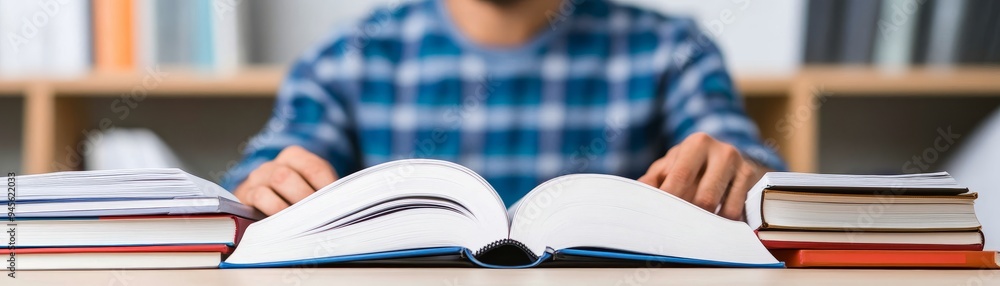 Aufkleber student studying with open textbook, focused on reading in library or classroom setting, education c