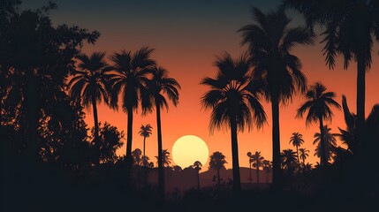 Obraz premium palm tree silhouettes. A serene silhouette of palm trees against a vibrant sunset, creating a tranquil tropical atmosphere. 