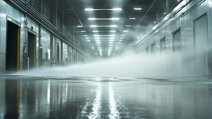 A concrete floor being rejuvenated as a powerful stream of water removes dirt and grime, high-pressure cleaning in action, dynamic spray patterns