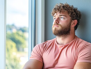 pensive young man looking out window, daydreaming, thinking, reflecting, contemplative, thoughtful, serious expression, indoor portrait, natural light