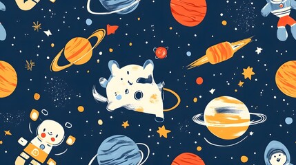 playful animals in space suits exploring planet. Playful animals in space suits exploring planets and galaxies, creating a seamless pattern for kids. 