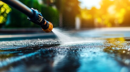 A concrete floor being rejuvenated as a powerful stream of water removes dirt and grime, high-pressure cleaning in action, dynamic spray patterns