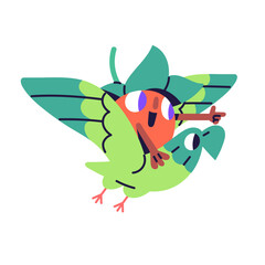 Cute character flies on comic bird, hand gesturing. Abstract person with cheerful facial expression pointing direction, route, way with finger. Flat isolated vector illustration on white background