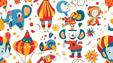 playful circus theme with clowns elephants and. Playful circus theme with clowns, elephants, and juggling acts on seamless tiled wallpaper