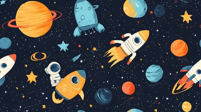 Fototapeta Playful outer space theme with planets, rockets, and astronauts on.seamless tiled wallpaper