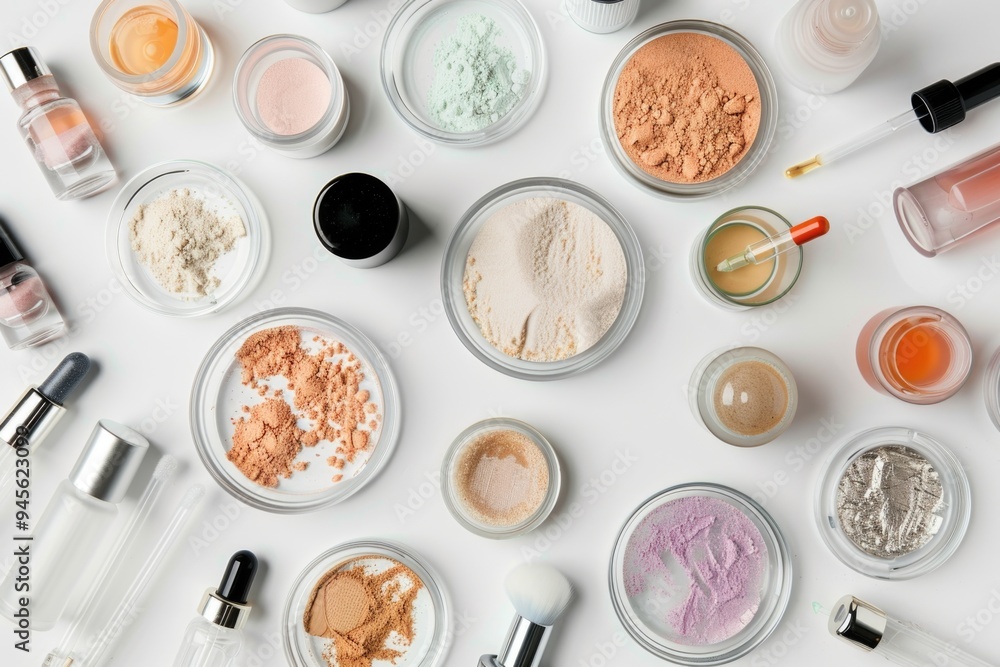 Poster A table covered with various makeup products and tools