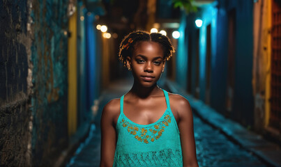 Fototapeta premium A young woman stands in a dimly lit alleyway, illuminated by streetlights
