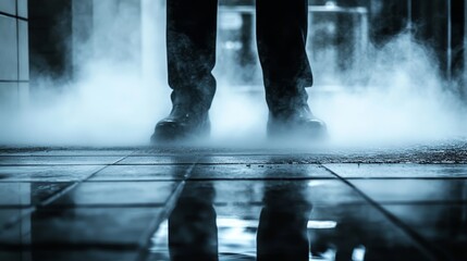A dramatic shot of high-pressure water jets scouring a dirty floor, the intense spray erasing all traces of grime, creating a spotless, shiny finish