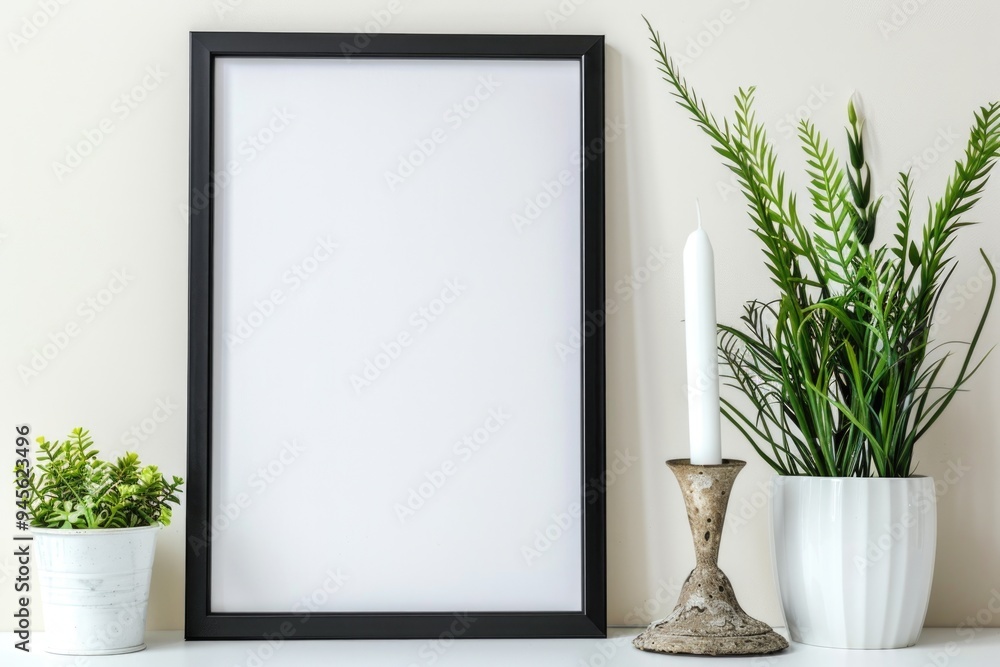 Poster a decorative frame sits beside a small potted plant on a shelf, ideal for displaying a cherished mem