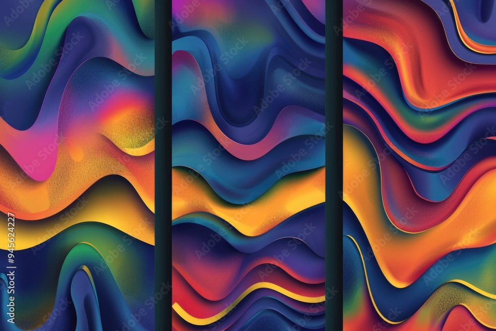 Poster three vibrant banners with geometric patterns and shapes, suitable for events or backgrounds