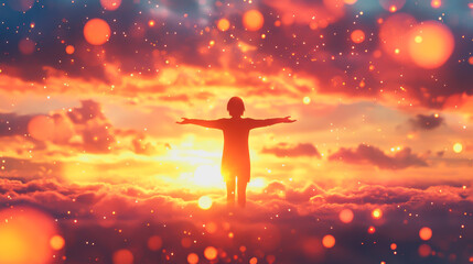 Silhouette with outstretched arms against a sunrise, surrounded by glowing orbs in a dreamlike scene