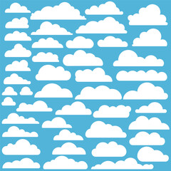 Collection of simple white clouds shape on blue background. Abstract isolated white cloud set, providing a clean and modern design for wallpapers, textiles, and digital applications. Vector illustrati