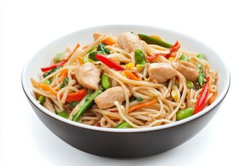 A delicious bowl of stir-fried noodles with chicken and vegetables.