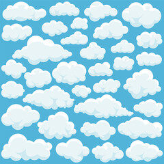 Cartoon fluffy clouds set in cartoon style on blue sky background, cloud shape perfect for children designs, nursery decorations, and playful branding projects. Vector illustration