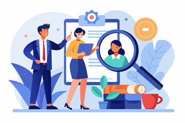 Recruitment finding candidate for job applicant, human resources HR analyze or scan candidate winner, search new people for job opportunity concept, HR recruiter magnifying glass analyze candidate
