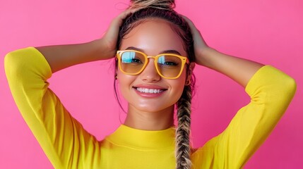 Naklejka premium positive girl with dyed hairstyle dressed yellow shirt in sunglass on pink background 