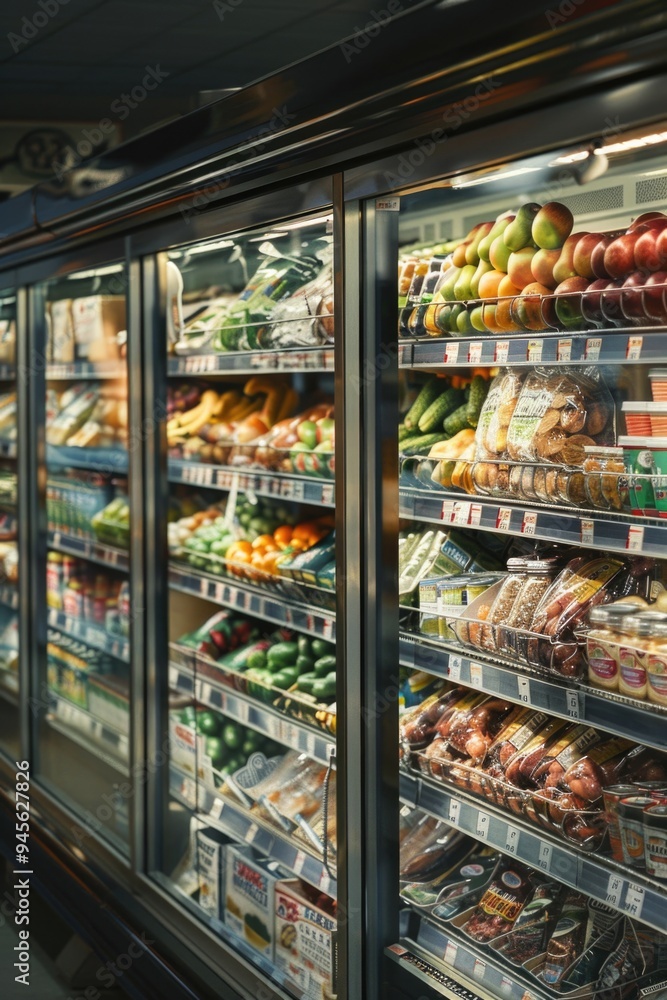 Poster a colorful display case filled with a variety of fresh fruits and vegetables