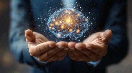 Businessman holding human brain and icon customer digital network
