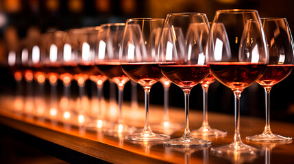 Row of glasses with red wine prepared for degustation on wooden table.